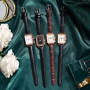 Elegant vintage rectangular women's watches with leather straps and gold cases in four styles