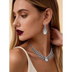 Luxury 2-piece mesh rhinestone teardrop pendant necklace and drop earrings jewelry set