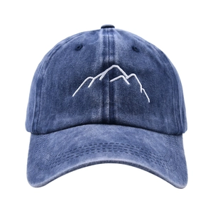 Vintage washed navy blue baseball cap featuring minimalist white mountain embroidery