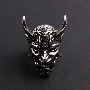 Gothic hannya demon mask ring in silver stainless steel, dark aesthetic jewelry for men