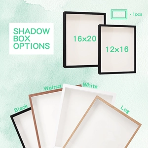 Detailed shadow box frame guide showing wood finishes and large 16x20 or 12x16 size options