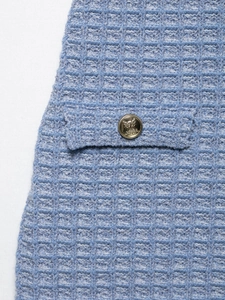 Macro shot of light blue tweed fabric featuring a pocket flap and a gold embossed lion button