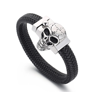 Men Skull Braided Leather Bracelet Stainless Steel Magnetic Clasp Punk Rock Biker Jewelry Wristband
