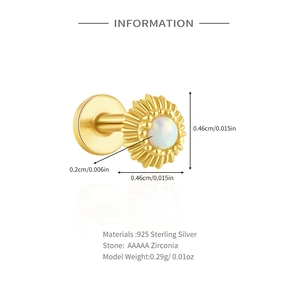 Detail of 925 sterling silver sun flower piercing stud with AAAAA grade zirconia stone