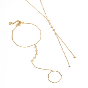 18K gold plated stainless steel hand chain with star elements and sparkling clear zircon