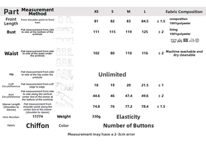 Detailed size chart for the elegant chiffon short dress with measurements in centimeters