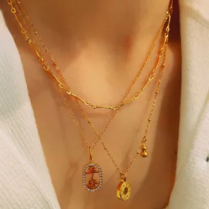 Gold Stainless Steel Chinese Ping'an Character Pendant Necklace For Women Layered Rhinestone Gourd Bone Link Jewelry