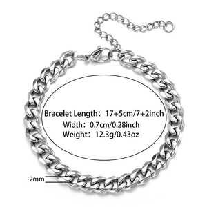 Detail view of silver Cuban link bracelet dimensions showing length weight and thickness