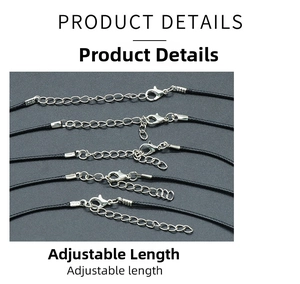 Detail of black wax cord necklace featuring adjustable lobster clasp and extender chain