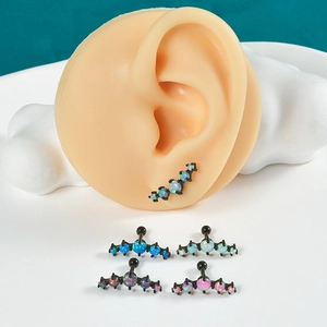 Black stainless steel cartilage stud with five graduated opal stones in four colors