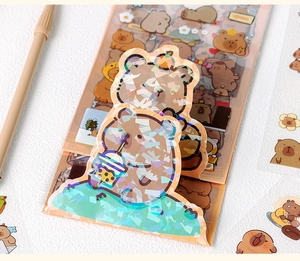 Holographic laser Capybara PET stickers for journaling with cute cartoon patterns