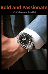 Close-up of MOLDOA men's diving watch with black dial and silver stainless steel strap