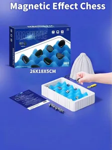 Magnetic chess set with blue sponge grid, black stones, and storage bag for puzzle play