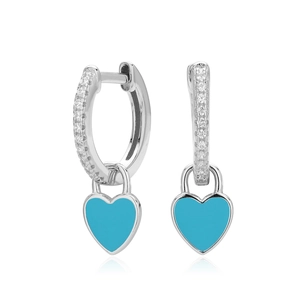 Macro detail of silver heart lock earrings with sky blue enamel and sparkling zircon stones