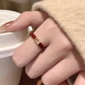 Vintage Elegant Copper Open Ring For Women With Red Enamel And Rectangular Zircon Geometric Fashion Jewelry