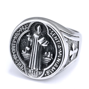 Vintage St. Benedict medal ring in silver with religious figure and cross engravings