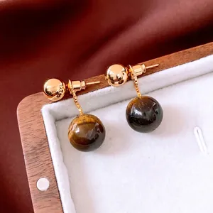 Retro Tiger Eye Stone Dangle Earrings With Silver Earring Post 18K Gold Plated Round Geometric Jewelry For Women