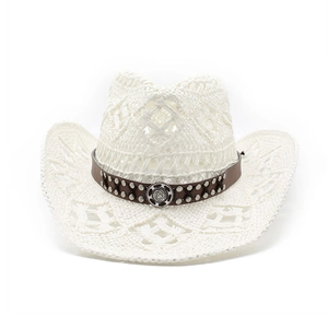 Close-up of white crochet cowboy hat with studded leather band and metal buckle detail