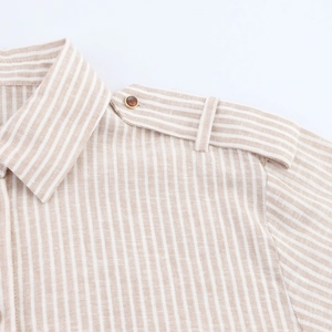 Women's beige striped loose cotton linen shirt with collared neck and buttoned epaulets