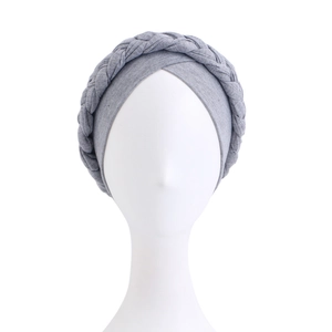 Braided twist turban hat in solid grey stretch cotton fabric for women on a head model
