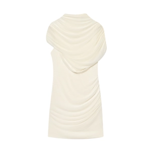 Elegant ivory white dress featuring layered mesh turtleneck and side ruched detail design