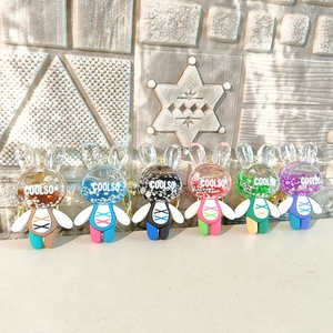 Row of six colorful acrylic rabbit keychains with glitter heads and Coolso logo