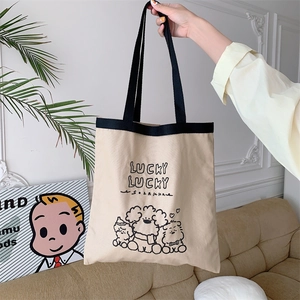 Women Canvas Tote Bag Large Capacity Cartoon Bear Dog Print Shoulder Handbag Japanese Korean Style Casual Daily