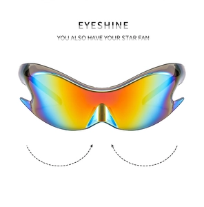 Close-up of futuristic butterfly-shaped sports sunglasses with colorful gradient lenses