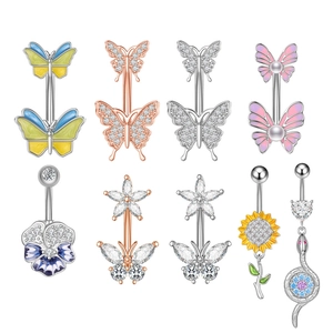 Zircon belly rings set featuring butterfly, flower, and snake designs in enamel and metal