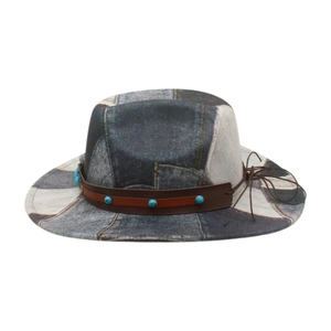 Western patchwork denim fedora hat with turquoise rivets and brown leather strap