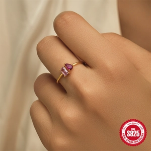 S925 sterling silver open ring with gold plating and teardrop red and pink crystals