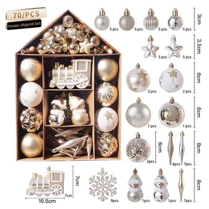 70-piece Christmas ornament set in champagne gold and silver with various shapes and sizes