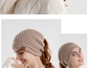 Close-up of khaki knitted beanie texture and branded leather tag detail for women