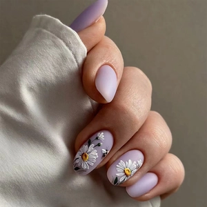 Press On Nails Matte Lavender Purple Daisy Honeybee Pattern Short Round False Nails For Women