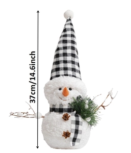 Detail view of 37cm glowing Christmas snowman plush with plaid hat and branch arms