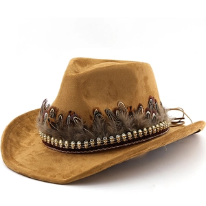 Western Cowboy Hat Retro Suede Fedora With Feather Band And Skull Metal Beads Wide Brim Jazz Hat For Men And Women