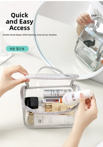 Hands opening clear PVC cosmetic bag showing dual zippers and skincare organizer detail