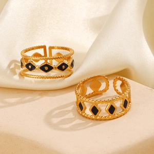 Vintage gold stainless steel diamond ring set with black enamel and open design