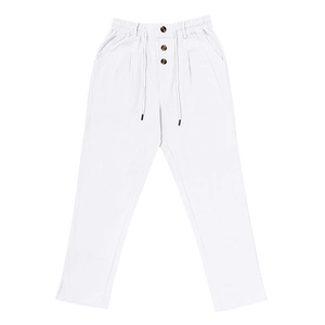 Detail of white linen pants featuring elastic drawstring waist and three wood-texture buttons