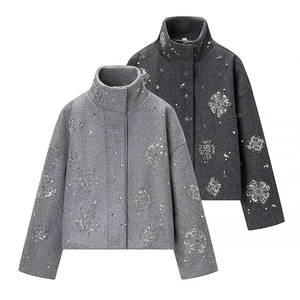 Giacca Corta Donna Collo Alto Cappotto Corto Con Paillettes Fiocco Di Neve Strass Elegante Grigio Inverno