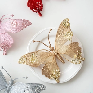 25cm gold glitter mesh butterfly ornament with pearls for Christmas tree decoration