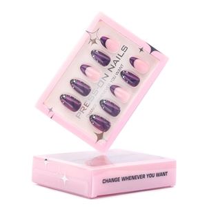 French butterfly cat-eye press-on nails set in retail box with purple marble and dot designs