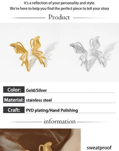 Detailed view of gold and silver butterfly earrings with PVD plating and sweatproof finish