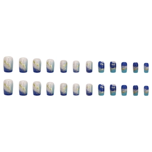 Blue and white gradient press-on nails set with gold foil accents and 24 pieces