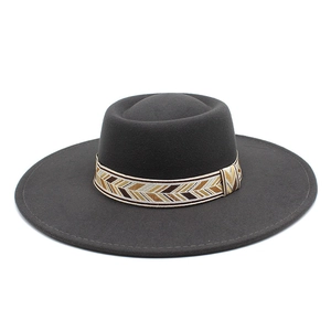 Dark grey wide brim wool fedora hat with bohemian woven chevron band decoration