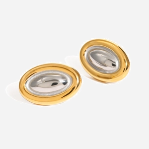 Boucles d'Oreilles Clous Ovales en Acier Inoxydable Vintage Bicolore Or 18K Argent Plaqué Bijoux Géométriques pour Femmes