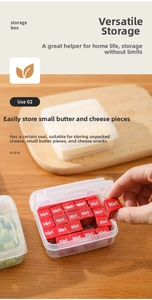 Close-up of sealed clear plastic food storage container with butter cubes on wood table
