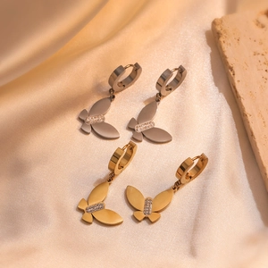 Minimalist Butterfly Pendant Hoop Earrings Stainless Steel Gold Plated With Small Rhinestones Fashion Jewelry For Women