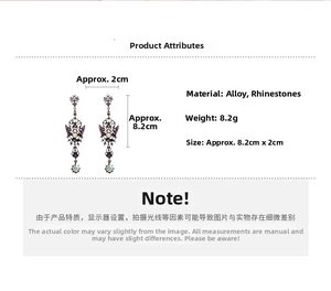 Detailed size diagram of Gothic butterfly drop earrings with purple rhinestones and alloy