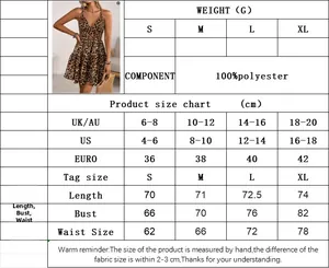 Detailed size chart for gold leopard print slip dress with S-XL measurements in cm